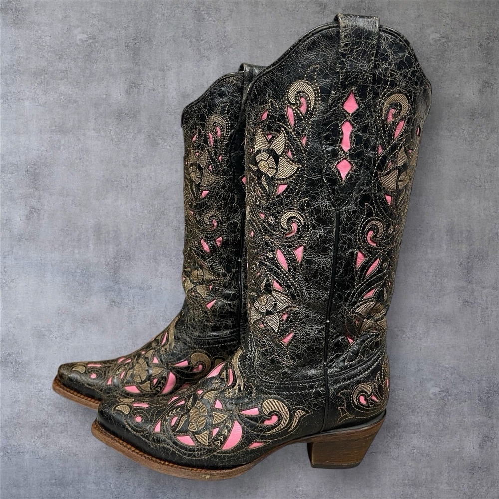 Corral Vintage Western Boots Womens 7.5 Pink Inlay Snip Toe Boho Festival Cowboy - Picture 4 of 11